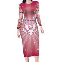 USA Christmas Long Sleeve Bodycon Dress with Bald Eagle Seal Pink Starburst Pattern and Festive Holiday Icons - Wonder Print Shop