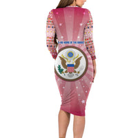 USA Christmas Long Sleeve Bodycon Dress with Bald Eagle Seal Pink Starburst Pattern and Festive Holiday Icons - Wonder Print Shop