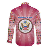 USA Christmas Long Sleeve Button Shirt with Bald Eagle Seal Pink Starburst Pattern and Festive Holiday Icons - Wonder Print Shop