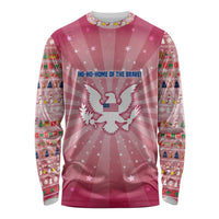 USA Christmas Long Sleeve Shirt with Bald Eagle Seal Pink Starburst Pattern and Festive Holiday Icons - Wonder Print Shop