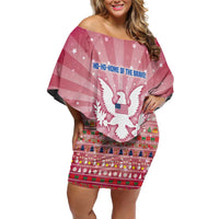 USA Christmas Off Shoulder Short Dress with Bald Eagle Seal Pink Starburst Pattern and Festive Holiday Icons - Wonder Print Shop