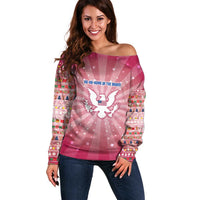 USA Christmas Off Shoulder Sweater with Bald Eagle Seal Pink Starburst Pattern and Festive Holiday Icons - Wonder Print Shop