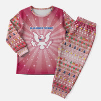 USA Christmas Pajama Set with Bald Eagle Seal Pink Starburst Pattern and Festive Holiday Icons - Wonder Print Shop