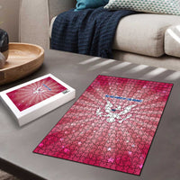 USA Christmas Puzzle with Bald Eagle Seal Pink Starburst Pattern and Festive Holiday Icons - Wonder Print Shop