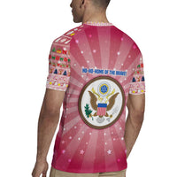 USA Christmas Rugby Jersey with Bald Eagle Seal Pink Starburst Pattern and Festive Holiday Icons - Wonder Print Shop