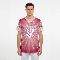 USA Christmas Scrub Top with Bald Eagle Seal Pink Starburst Pattern and Festive Holiday Icons - Wonder Print Shop