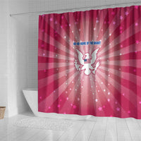 USA Christmas Shower Curtain with Bald Eagle Seal Pink Starburst Pattern and Festive Holiday Icons - Wonder Print Shop