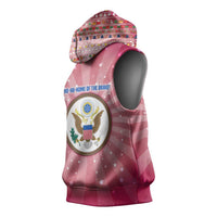 USA Christmas Sleeveless Hoodie with Bald Eagle Seal Pink Starburst Pattern and Festive Holiday Icons - Wonder Print Shop