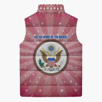 USA Christmas Sleeveless Puffer Jacket with Bald Eagle Seal Pink Starburst Pattern and Festive Holiday Icons - Wonder Print Shop