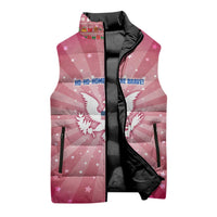 USA Christmas Sleeveless Puffer Jacket with Bald Eagle Seal Pink Starburst Pattern and Festive Holiday Icons - Wonder Print Shop