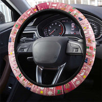 USA Christmas Steering Wheel Cover with Bald Eagle Seal Pink Starburst Pattern and Festive Holiday Icons - Wonder Print Shop
