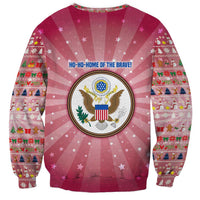 USA Christmas Sweatshirt with Bald Eagle Seal Pink Starburst Pattern and Festive Holiday Icons - Wonder Print Shop