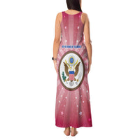 USA Christmas Tank Maxi Dress with Bald Eagle Seal Pink Starburst Pattern and Festive Holiday Icons - Wonder Print Shop