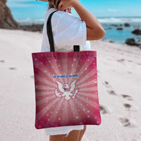 USA Christmas Tote Bag with Bald Eagle Seal Pink Starburst Pattern and Festive Holiday Icons - Wonder Print Shop