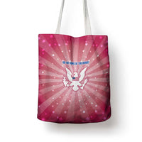 USA Christmas Tote Bag with Bald Eagle Seal Pink Starburst Pattern and Festive Holiday Icons - Wonder Print Shop