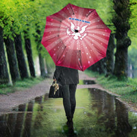 USA Christmas Umbrella with Bald Eagle Seal Pink Starburst Pattern and Festive Holiday Icons - Wonder Print Shop