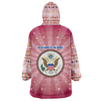 USA Christmas Wearable Blanket Hoodie with Bald Eagle Seal Pink Starburst Pattern and Festive Holiday Icons - Wonder Print Shop
