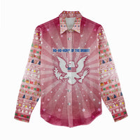USA Christmas Women Casual Shirt with Bald Eagle Seal Pink Starburst Pattern and Festive Holiday Icons - Wonder Print Shop