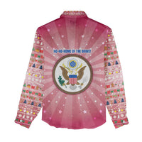USA Christmas Women Casual Shirt with Bald Eagle Seal Pink Starburst Pattern and Festive Holiday Icons - Wonder Print Shop