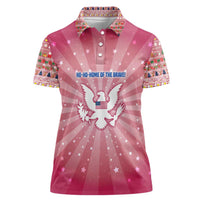 USA Christmas Women Polo Shirt with Bald Eagle Seal Pink Starburst Pattern and Festive Holiday Icons - Wonder Print Shop