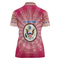 USA Christmas Women Polo Shirt with Bald Eagle Seal Pink Starburst Pattern and Festive Holiday Icons - Wonder Print Shop