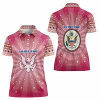USA Christmas Women Polo Shirt with Bald Eagle Seal Pink Starburst Pattern and Festive Holiday Icons - Wonder Print Shop