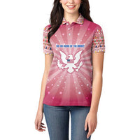 USA Christmas Women Polo Shirt with Bald Eagle Seal Pink Starburst Pattern and Festive Holiday Icons - Wonder Print Shop