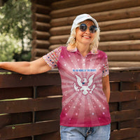 USA Christmas Women Polo Shirt with Bald Eagle Seal Pink Starburst Pattern and Festive Holiday Icons - Wonder Print Shop