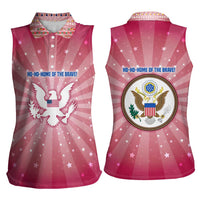 USA Christmas Women Sleeveless Polo Shirt with Bald Eagle Seal Pink Starburst Pattern and Festive Holiday Icons - Wonder Print Shop