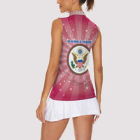 USA Christmas Women Sleeveless Polo Shirt with Bald Eagle Seal Pink Starburst Pattern and Festive Holiday Icons - Wonder Print Shop