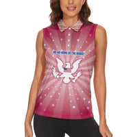 USA Christmas Women Sleeveless Polo Shirt with Bald Eagle Seal Pink Starburst Pattern and Festive Holiday Icons - Wonder Print Shop