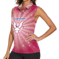 USA Christmas Women Sleeveless Polo Shirt with Bald Eagle Seal Pink Starburst Pattern and Festive Holiday Icons - Wonder Print Shop