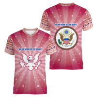 USA Christmas Women V-Neck T-Shirt with Bald Eagle Seal Pink Starburst Pattern and Festive Holiday Icons - Wonder Print Shop