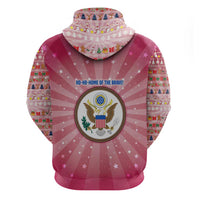 USA Christmas Zip Hoodie with Bald Eagle Seal Pink Starburst Pattern and Festive Holiday Icons - Wonder Print Shop