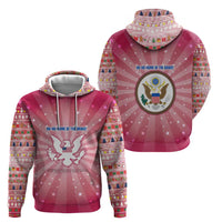 USA Christmas Zip Hoodie with Bald Eagle Seal Pink Starburst Pattern and Festive Holiday Icons - Wonder Print Shop