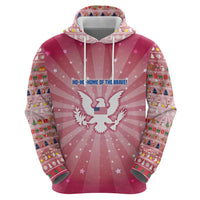 USA Christmas Zip Hoodie with Bald Eagle Seal Pink Starburst Pattern and Festive Holiday Icons - Wonder Print Shop