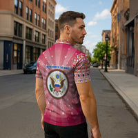 USA Christmas Zipper Polo Shirt with Bald Eagle Seal Pink Starburst Pattern and Festive Holiday Icons - Wonder Print Shop