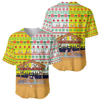 Vatican Christmas Baseball Jersey with Bethlehem Silhouette Yellow Red Green Pattern and Baby Jesus Manger - undefined