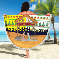 Vatican Christmas Beach Blanket with Bethlehem Silhouette Yellow Red Green Pattern and Baby Jesus Manger - Wonder Print Shop
