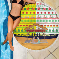 Vatican Christmas Beach Blanket with Bethlehem Silhouette Yellow Red Green Pattern and Baby Jesus Manger - Wonder Print Shop