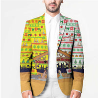 Vatican Christmas Blazer with Bethlehem Silhouette Yellow Red Green Pattern and Baby Jesus Manger - Wonder Print Shop