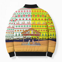 Vatican Christmas Bomber Puffer Jacket with Bethlehem Silhouette Yellow Red Green Pattern and Baby Jesus Manger - Wonder Print Shop