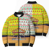 Vatican Christmas Bomber Puffer Jacket with Bethlehem Silhouette Yellow Red Green Pattern and Baby Jesus Manger - Wonder Print Shop