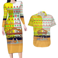 Vatican Christmas Couples Matching Long Sleeve Bodycon Dress and Hawaiian Shirt with Bethlehem Silhouette Yellow Red Green Pattern and Baby Jesus Manger - Wonder Print Shop