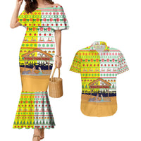 Vatican Christmas Couples Matching Mermaid Dress and Hawaiian Shirt with Bethlehem Silhouette Yellow Red Green Pattern and Baby Jesus Manger - Wonder Print Shop