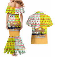 Vatican Christmas Couples Matching Mermaid Dress and Hawaiian Shirt with Bethlehem Silhouette Yellow Red Green Pattern and Baby Jesus Manger - Wonder Print Shop