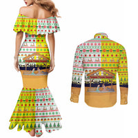 Vatican Christmas Couples Matching Mermaid Dress and Long Sleeve Button Shirt with Bethlehem Silhouette Yellow Red Green Pattern and Baby Jesus Manger - Wonder Print Shop