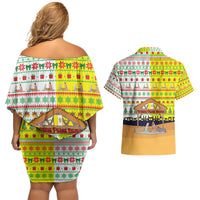 Vatican Christmas Couples Matching Off Shoulder Short Dress and Hawaiian Shirt with Bethlehem Silhouette Yellow Red Green Pattern and Baby Jesus Manger - Wonder Print Shop