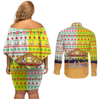 Vatican Christmas Couples Matching Off Shoulder Short Dress and Long Sleeve Button Shirt with Bethlehem Silhouette Yellow Red Green Pattern and Baby Jesus Manger - Wonder Print Shop