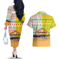 Vatican Christmas Couples Matching Off The Shoulder Long Sleeve Dress and Hawaiian Shirt with Bethlehem Silhouette Yellow Red Green Pattern and Baby Jesus Manger - Wonder Print Shop
